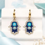 Blue Hamsa Hand Charm Drop Earrings
