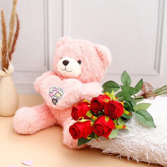 Five Roses Bunch With Romantic Heart Plush Teddy Bear - Pink