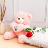 Single Rose With Romantic Heart Plush Teddy Bear - Pink