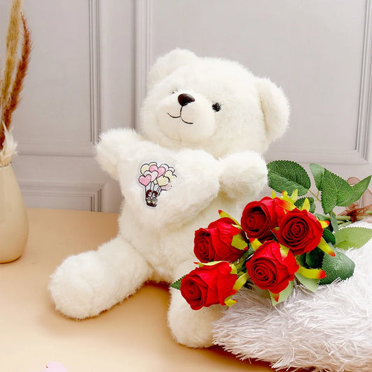 Five Roses Bunch With Romantic Heart Plush Teddy Bear - White
