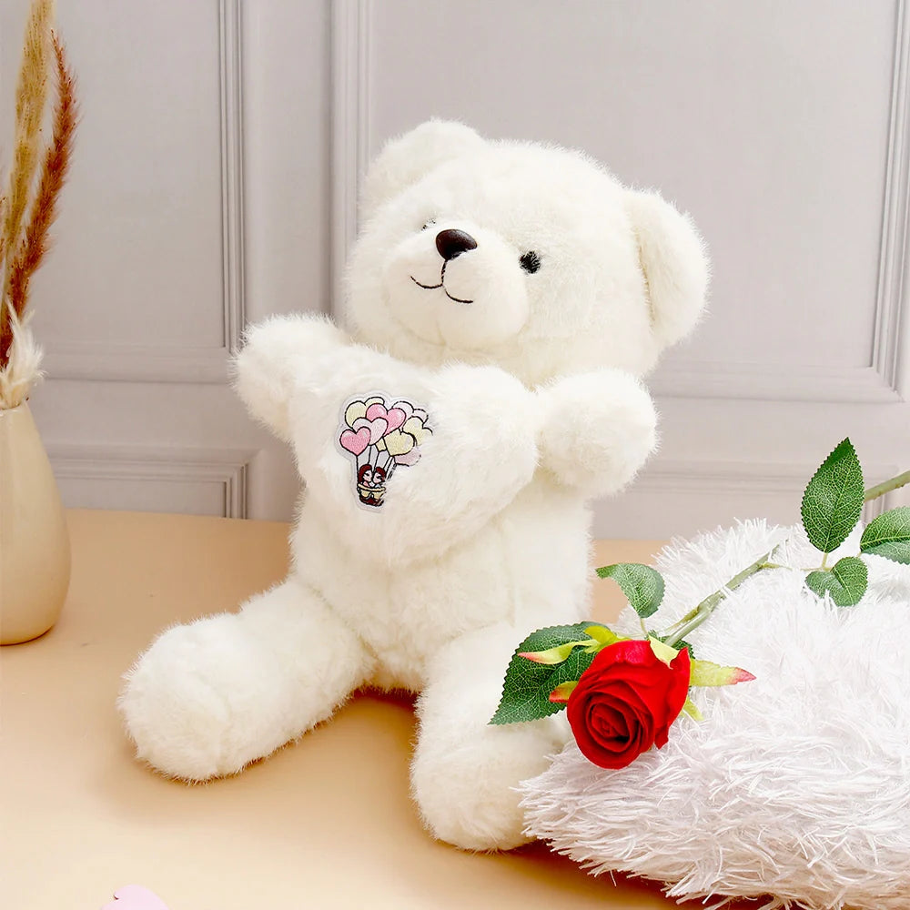Single Rose With Romantic Heart Plush Teddy Bear - White