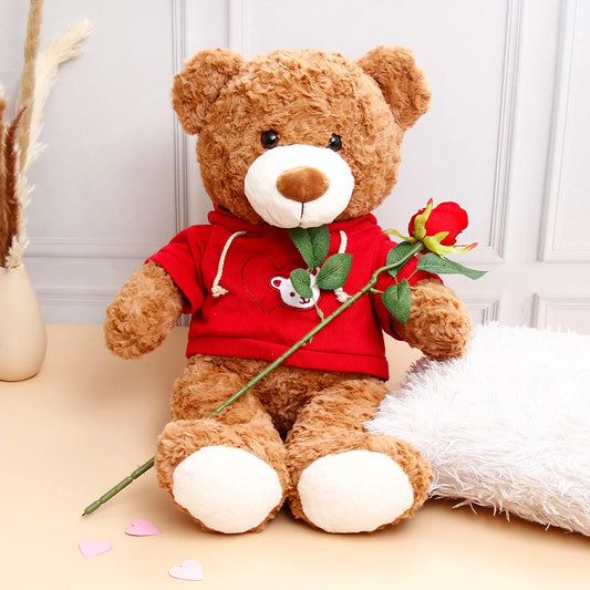 Single Rose With Classic Brown Teddy in Red Hoodie