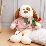 Single Rose With White Dog in Pink Hoodie Soft Toy