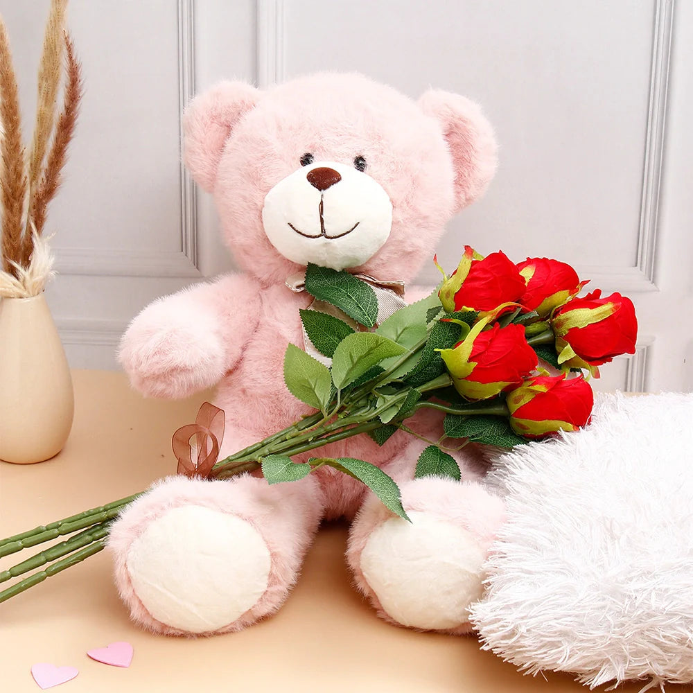 Five Roses Bunch With Adorable Cuddle Teddy Bear - Pink