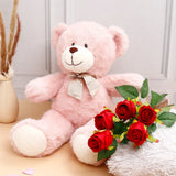 Five Roses Bunch With Adorable Cuddle Teddy Bear - Pink