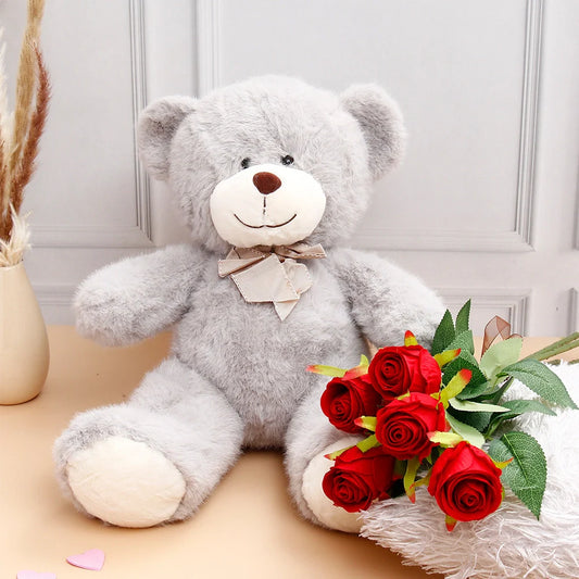 Five Roses Bunch With Adorable Cuddle Teddy Bear - Grey