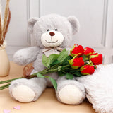 Five Roses Bunch With Adorable Cuddle Teddy Bear - Grey