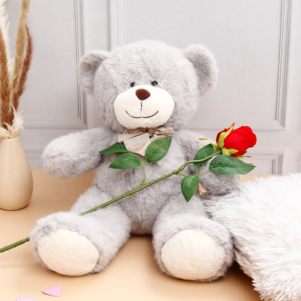 Single Rose With Adorable Cuddle Teddy Bear - Grey