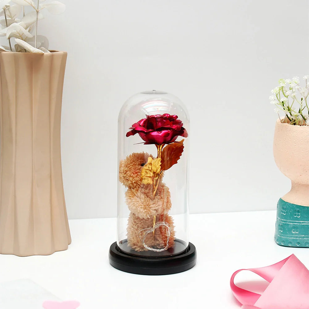 Pink Rose Teddy Bear LED Jar