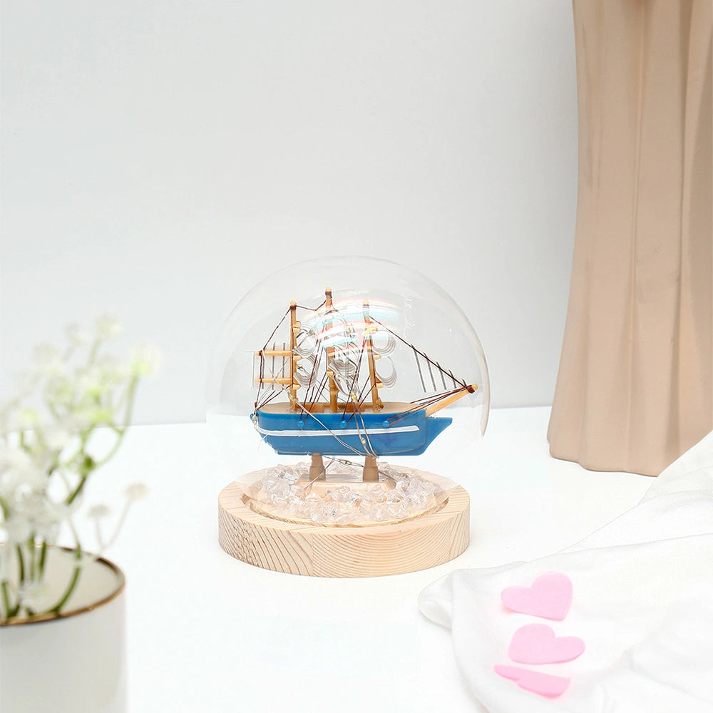 Blue Sailing Ship Glass Dome LED Night Light