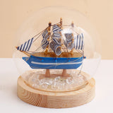 Blue Striped Sailing Ship Glass Dome LED Night Light