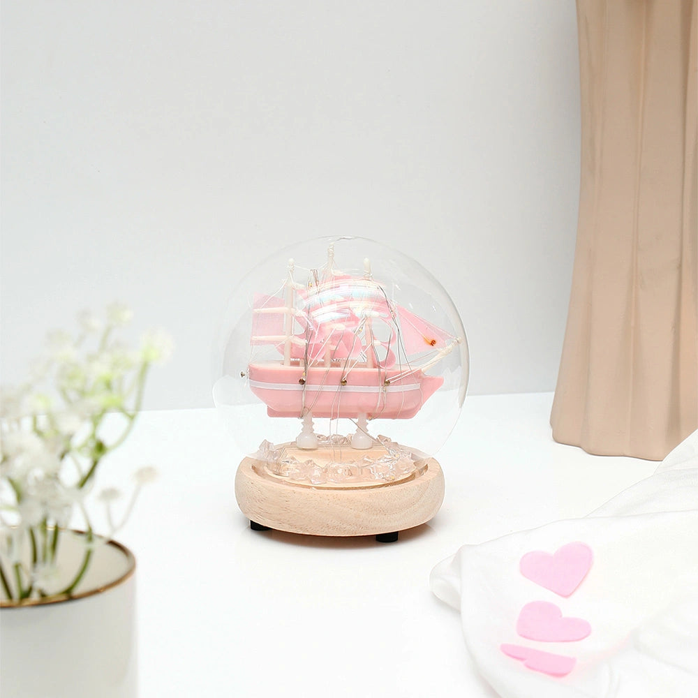 Pink Sailboat Glass Dome Decorative LED Light