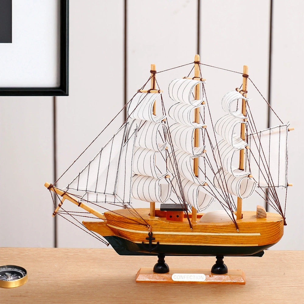 Light Wood & Green Sailing Ship Decorative Showpiece