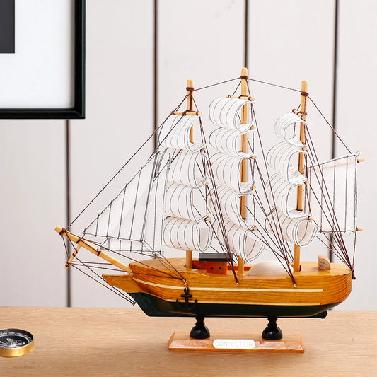 Light Wood & Green Sailing Ship Decorative Showpiece