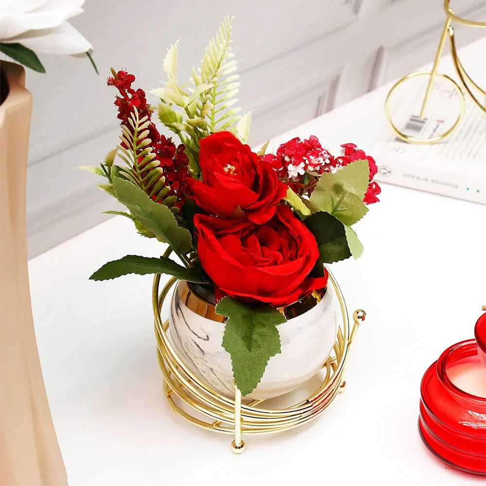 Red Artificial Flower Pot in Golden Wire Stand