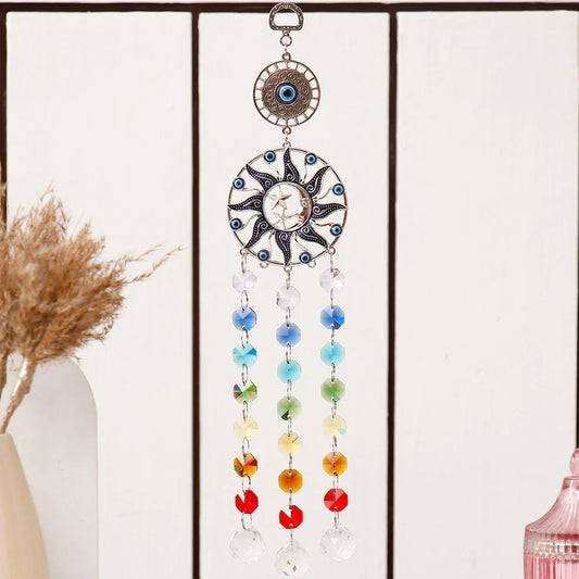 Sun Evil Eye Hanging With Rainbow Crystal Drops