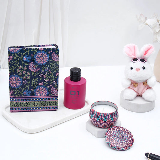 Navy Floral Diary with 01 Women Perfume, Tin Candle and Bunny Keychain