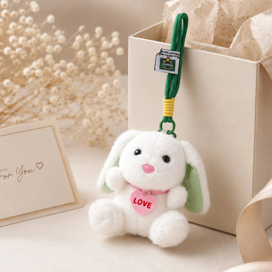 White Plush Bunny Keychain with Green Ears