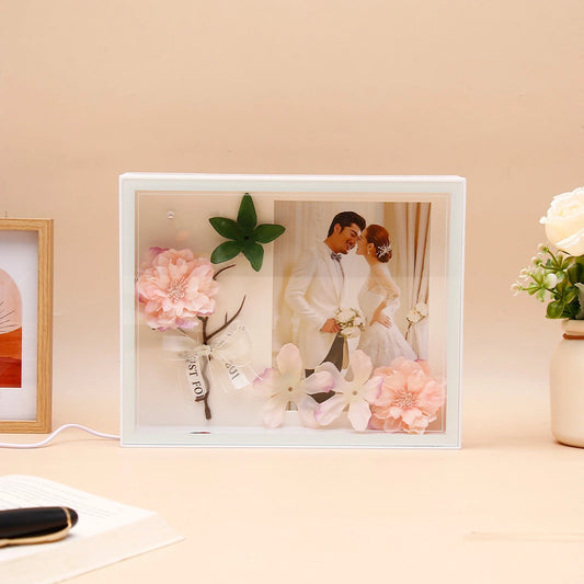 White LED Photo Frame with Floral & Leaf Accent