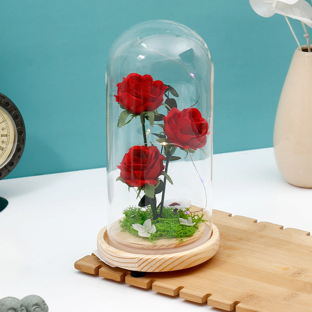 Archies Red Rose Bouquet LED Glass Dome Showpiece