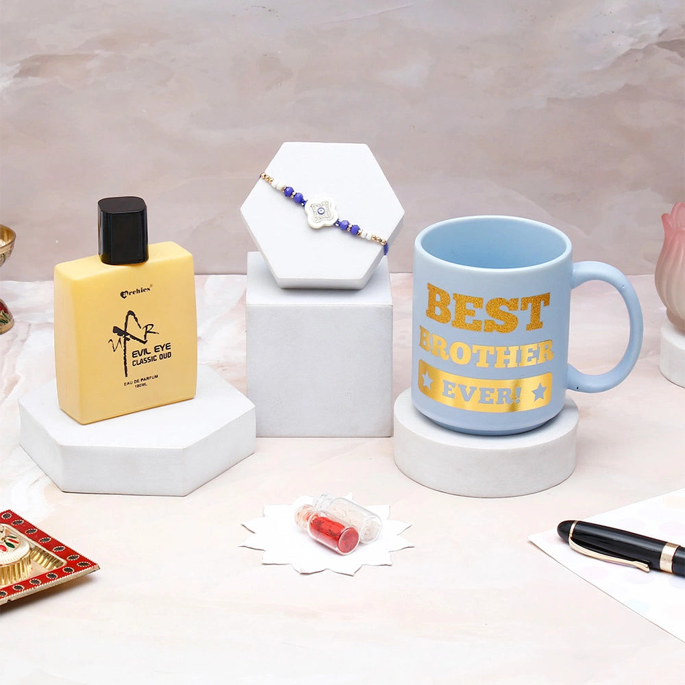 Evil Eye Rakhi & UXR Royal Life Perfume Mug Set