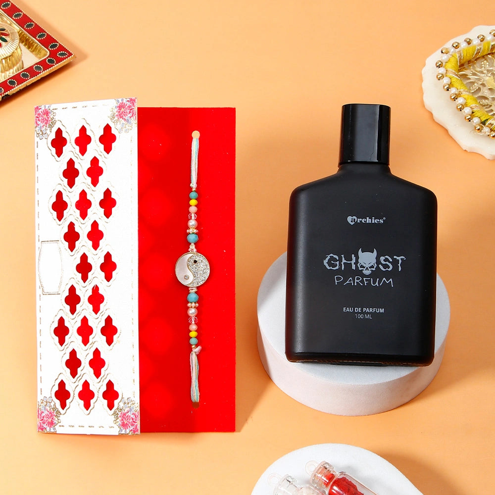Rakhi Gift Combo for Brother- Yin Yang Charm Rakhi & Archies Ghost Perfume