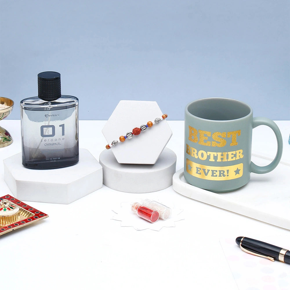 Rudraksha Silver Beaded Rakhi & Archies 01 Perfume Mug Set