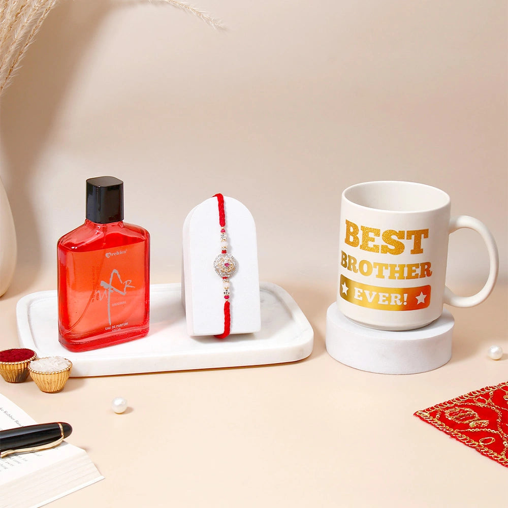 Ruby Mandala Charm Rakhi & UXR Original Perfume Mug Set