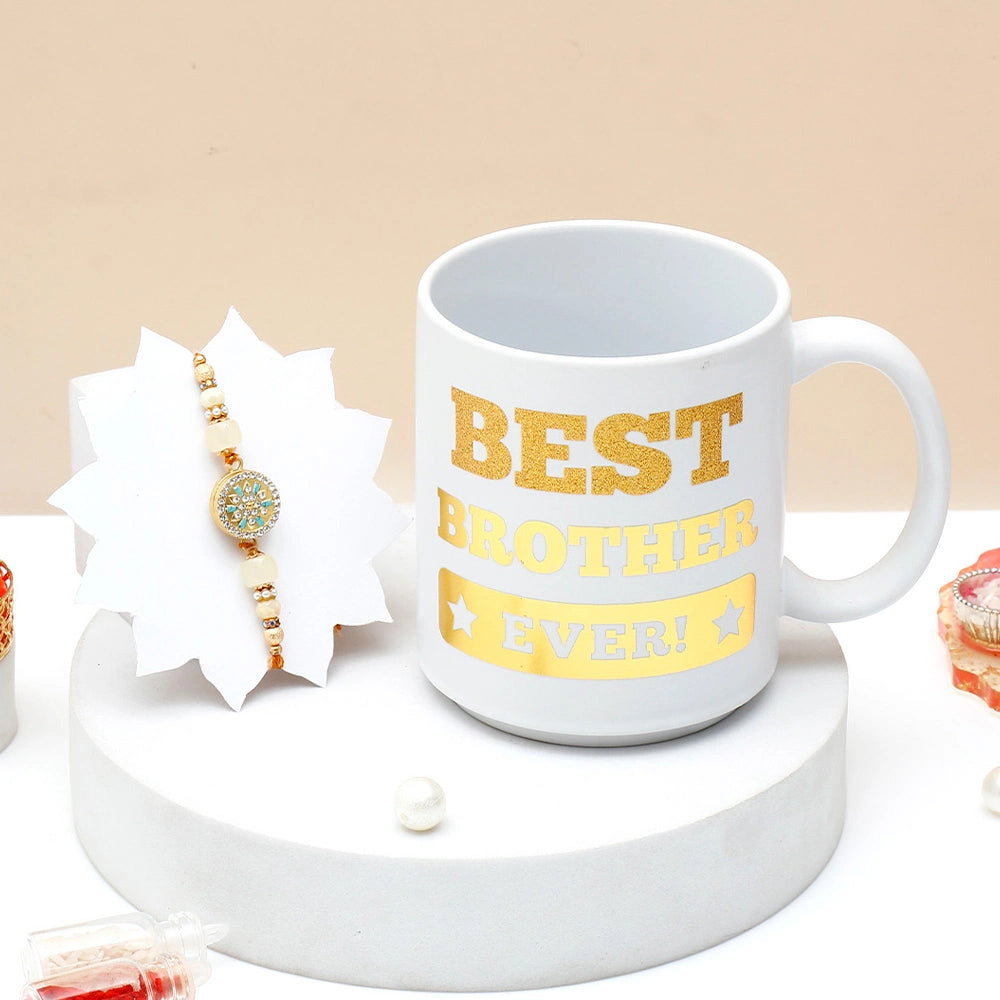 Premium Rakhi for Brother with Best Brother Ever Mug - Turquoise Medallion Rakhi