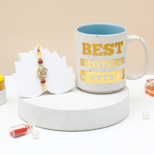 Spinning Rakhi for Brother with Best Brother Ever Mug - Golden Rakhi Gift Set
