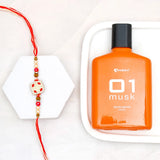 Red Enamel Designer Rakhi Gift Set for Brother with Archies 01 Musk Perfume