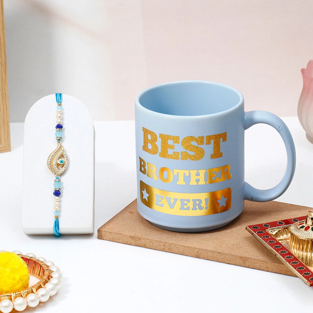 Evil Eye Rakhi for Brother with Best Brother Ever Mug - Golden Teardrop Rakhi
