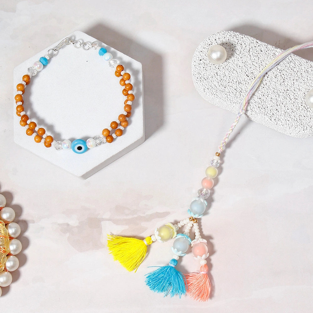 Wooden Evil Eye & Pastel Tri-Tassel Rakhi Set