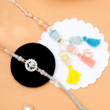 Silver Medallion & Pastel Floral Tassel Rakhi Set