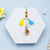 Teal Stone Medallion & Shell Tassel Rakhi Set