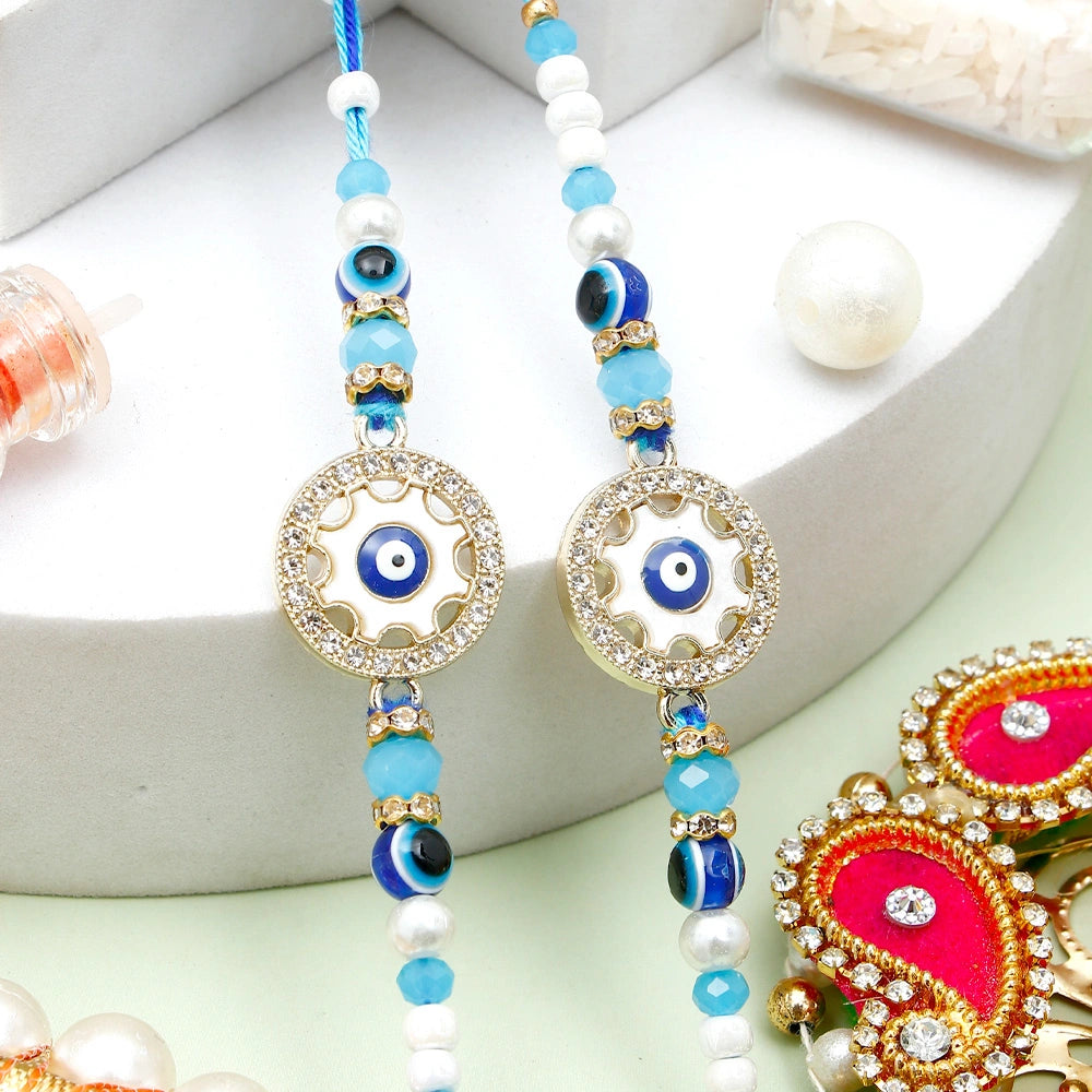 Pack Of 2 Rhinestones Golden Blue Evil Eye Rakhi