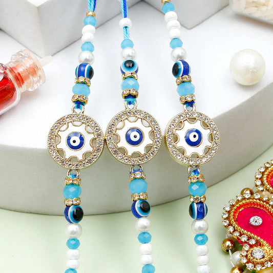 Pack Of 3 Rhinestones Golden Blue Evil Eye Rakhi