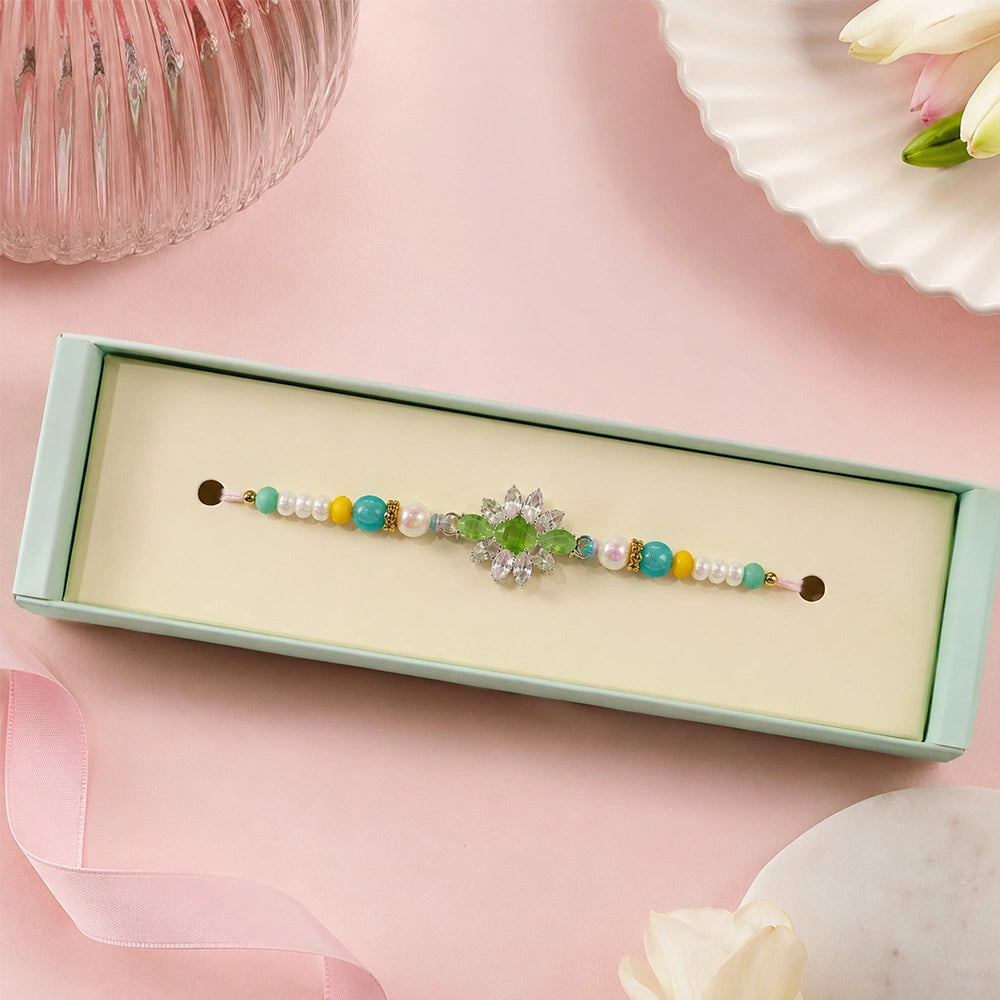 Traditional Green Stone Rakhi With Gems For Brother