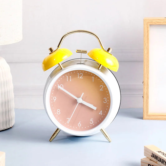 White Twin Bell Alarm Clock with Yellow Bells & Gradient Dial