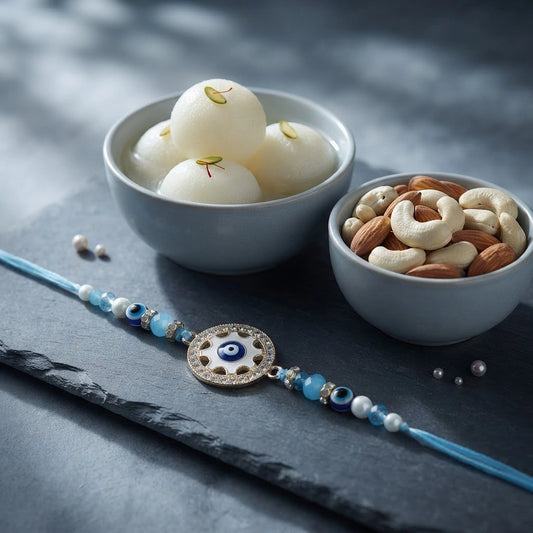 Evil Eye Circular Charm Rakhi with Rasgulla & Dry Fruits