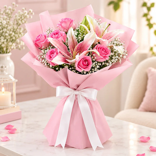 Pink Oriental Lily & Aqua-Pink Roses Bouquet in Pink Frosted Wrap