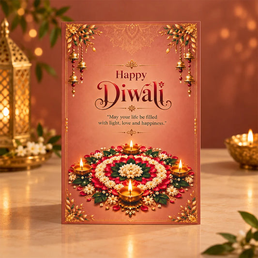 Personalized Happy Diwali Greeting Card with Rangoli, Diyas & Message