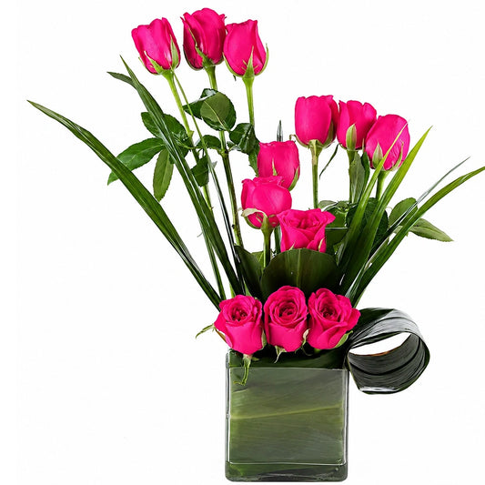 12 Dark Pink Roses Square Glass Vase Arrangement - Anniversary & Birthday Gift