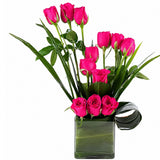 12 Dark Pink Roses Square Glass Vase Arrangement - Anniversary & Birthday Gift