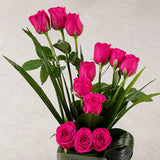 12 Dark Pink Roses Square Glass Vase Arrangement - Anniversary & Birthday Gift