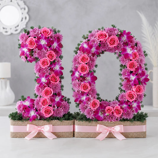 26 Pink Roses, Purple Daisy & Orchid Jute Bouquet - Luxury Anniversary Gift