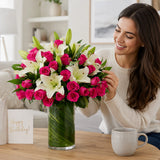 50 Pink Roses & 6 White Lilies Premium Glass Vase - Grand Anniversary Gift