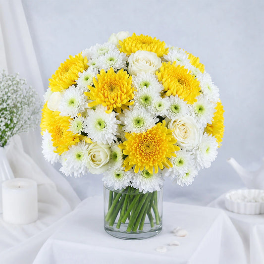 Yellow Chrysanthemum, White Daisy & White Rose Cylindrical Glass Jar - Birthday Gift