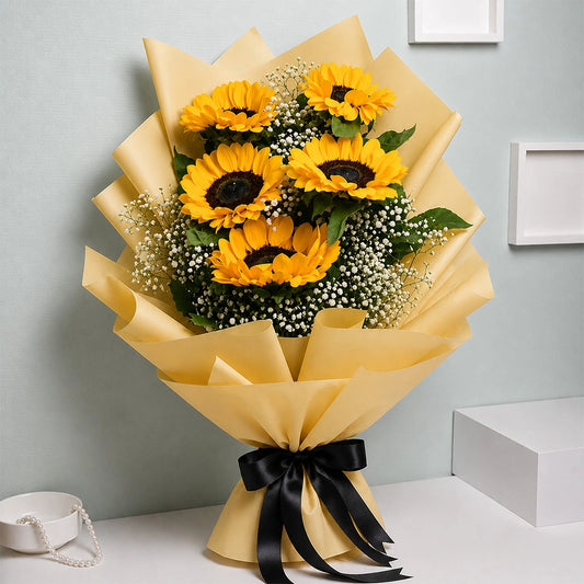 5 Sunflowers Rustic Yellow Paper Bouquet - Fresh Birthday & Friendship Day Gift
