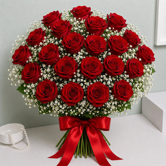 22 Roses & Gypsophila Classic Bouquet - Fresh Anniversary & Birthday Gift